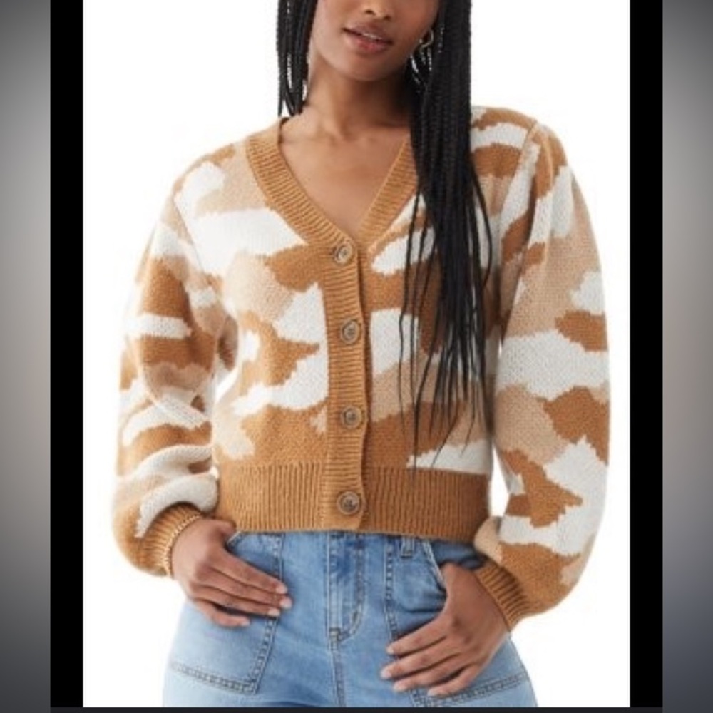SCOOP Women’s Camo Cardigan Button Front Size:L 12-14 Camel Oatmeal Ivory color